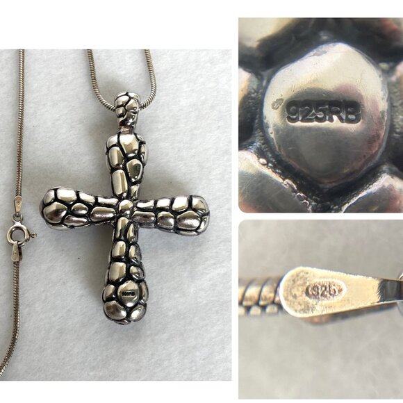 Sterling Silver 925 RB Chunky Pebbled Dot Pattern Cross Pendant Necklace 24" - Picture 9 of 16